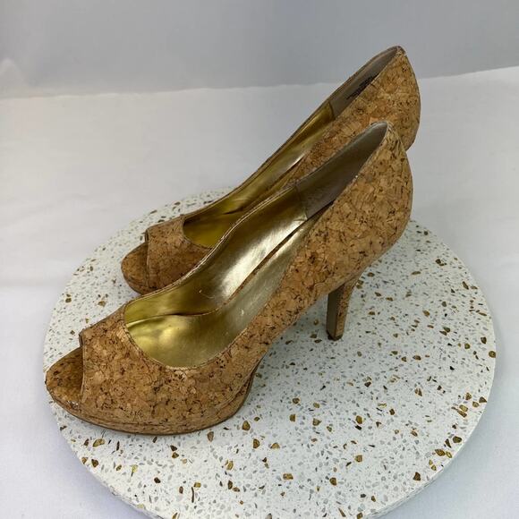 Nine West Tan Specked Cork Heel Peep Toe 4" Pumps Shoes Women's Size 9.5 - Picture 6 of 11